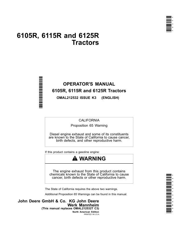 John Deere 6105R, 6115R, 6125R Tractors (North American) Operator's Manual (OMAL212532)