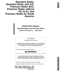 John Deere Standard Radio,Standard Radio withCD, Premium Radio (EU), Premium Radio without CD(U.S.), Premium Radio for North America Operator's Manual (OMAL212736)