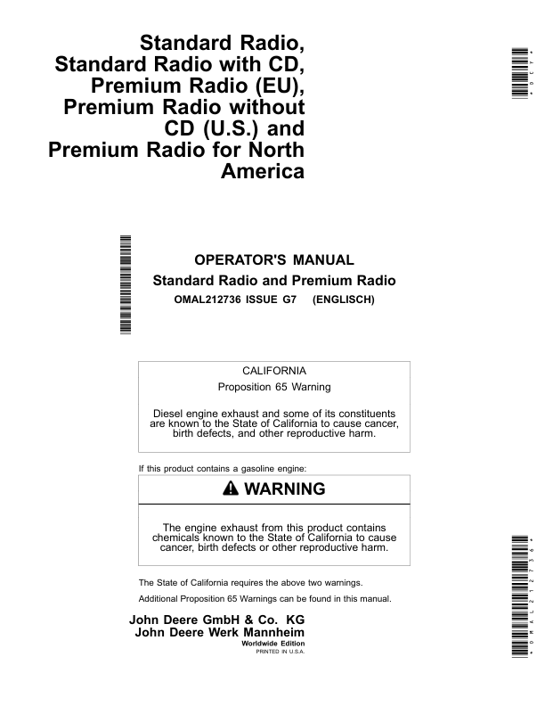 John Deere Standard Radio,Standard Radio withCD, Premium Radio (EU), Premium Radio without CD(U.S.), Premium Radio for North America Operator's Manual (OMAL212736)
