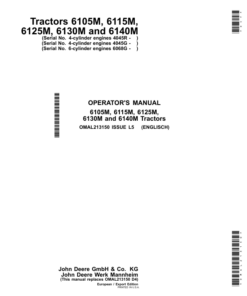 John Deere 6105M, 6115M, 6125M, 6130M, & 6140M Tractors (European/Export Edition) Operator's Manual (OMAL213150)
