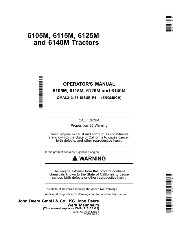 John Deere 6105M, 6115M, 6125M, & 6140M Tractors North America Operator's Manual (OMAL213158)