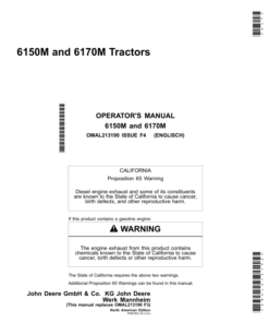 John Deere 6150M, 6170M Tractors (North American) Operator's Manual (OMAL213190)