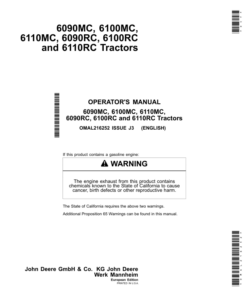 John Deere 6090MC, 6100MC, 6110MC, 6090RC, 6100RC & 6110RC Tractors European Edition Operator's Manual (OMAL216252)