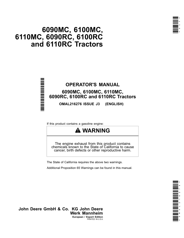 John Deere 6090MC, 6100MC, 6110MC, 6090RC, 6100RC & 6110RC Tractors Export Edition Operator's Manual (OMAL216276)