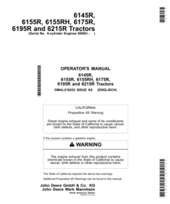John Deere 6145R, 6155R, 6155RH, 6175R,6195R, 6215R Tractors6-cylinder Engines 6068U (North American) Operator's Manual (OMAL218252)