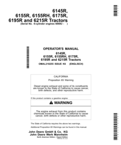 John Deere 6145R, 6155R, 6155RH, 6175R,6195R, 6215R Tractors6-cylinder engines 6068U (Export Edition) Operator's Manual (OMAL218255)