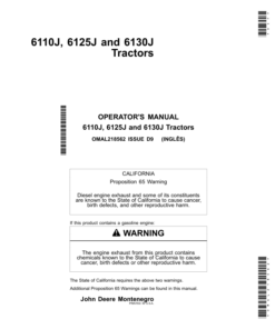 John Deere 6110J, 6125J & 6130J Tractors Operator's Manual (OMAL218562)