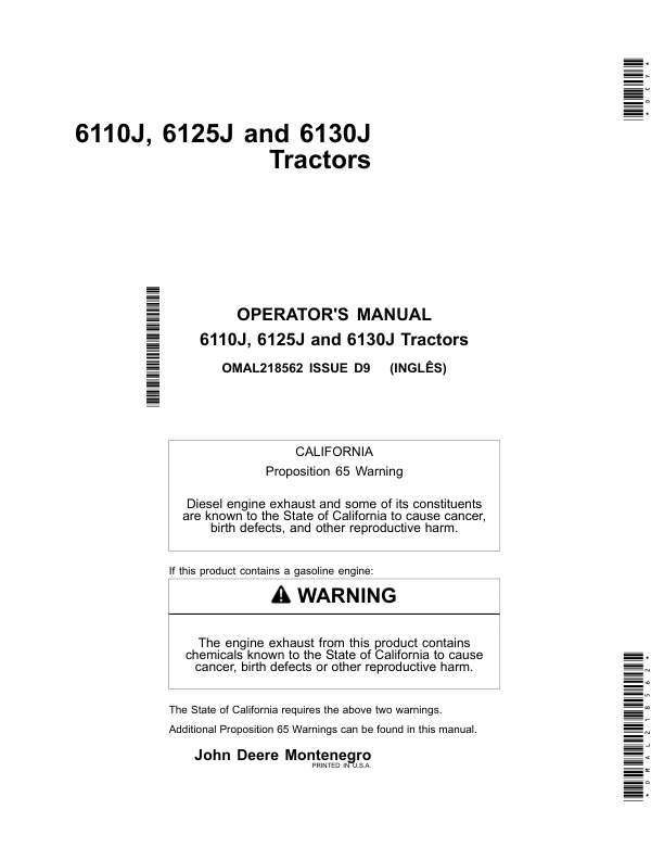 John Deere 6110J, 6125J & 6130J Tractors Operator's Manual (OMAL218562)