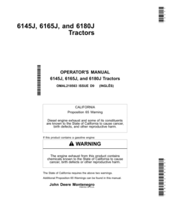 John Deere 6145J, 6165J & 6180J Tractors (Manufactured in Montenegro) Operator's Manual (OMAL218563)