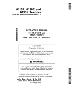 John Deere 6110R, 6120R & 6130R Tractors w/4-Cylinder Engines 4045U Operator's Manual (OMAL219392)
