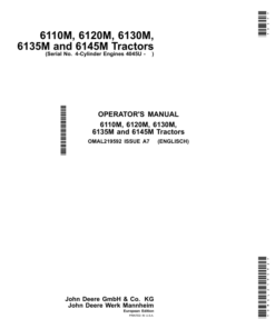 John Deere 6110M, 6120M, 6130M, 6135M, 6145M Tractors with 4-Cyl. Eng. 4045U (Europe) (MY2016-2017) Operator's Manual (OMAL219592)
