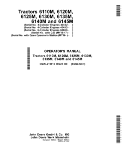 John Deere 6110M, 6120M, 6125M, 6130M, 6135M, 6140M, 6145M Tractors (4-cylinder engines 4045U, 4-cylinder engines 4045G, 6-cylinder engines 6068G) with Cab (MY2016-MY2017) with Open Operator's Station (MY2016-) (Export w/European Configuration) Operator's Manual (OMAL219616)