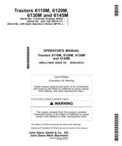 John Deere 6110M, 6120M, 6130M, 6145M Tractors (4-Cylinder Engines 4045U with Cab (MY2016-MY2017) with Open Operator's Station (MY2016-) Operator's Manual (OMAL219620)