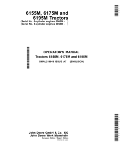 John Deere 6155M, 6175M & 6195M Tractors (6-cylinder engines 6068G, 6-cylinder engines 6068U) Export w/European Configuration Operator's Manual (OMAL219648)