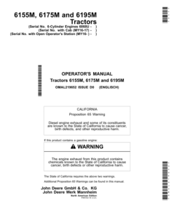 John Deere 6155M, 6175M & 6195M Tractors with Cab (MY2016-MY2017) with Open Operator's Station (MY2016-) (6-cylinder engines 6068U) Operator's Manual (OMAL219652)