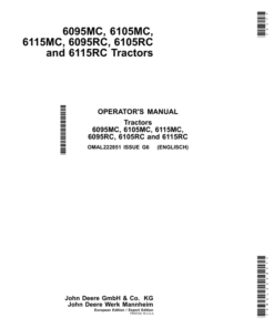 John Deere 6095MC, 6105MC, 6115MC, 6095RC, 6105RC & 6115RC Tractors (Export Editions w/European Configuration) Operator's Manual (OMAL222851)