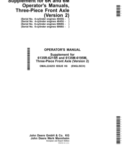 John Deere Supplement for 6R & 6M operating instructions, three-part front axle (Version 2) Operator's Manual (OMAL224255)