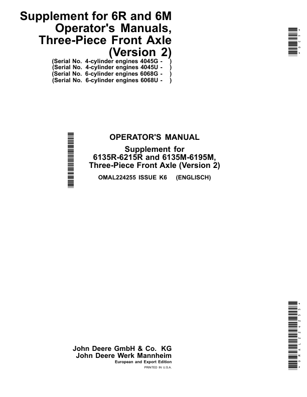 John Deere Supplement for 6R & 6M operating instructions, three-part front axle (Version 2) Operator's Manual (OMAL224255)