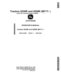 John Deere Tractors 6230R, 6250R (MY2017-) 6-Cylinder Engines 6068U (European Export Edition) Operator's Manual (OMAL224866)