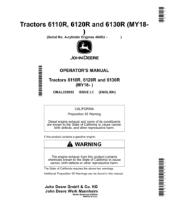 John Deere Tractors 6110R, 6120R, 6130R (MY2018-) 4-cylinder Engines 4045U (North American) Operator's Manual (OMAL225932)