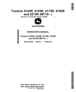 John Deere Tractors 6145R, 6155R, 6175R, 6195R, 6215R (MY2018– ) 6-Cylinder Engines 6068U (European Export Edition) Operator's Manual (OMAL225960)