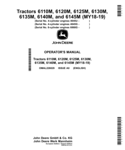 John Deere 6110M, 6120M, 6125M, 6130M, 6135M, 6140M, 6145M Tractors (4-Cylinder Engines 4045U, 4-Cylinder Engines 4045G, 6-Cylinder Engines 6068G) (Export w/European Configuration) Operator's Manual (OMAL226029)
