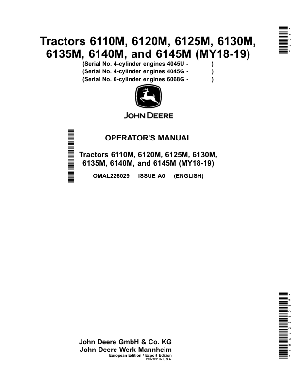 John Deere 6110M, 6120M, 6125M, 6130M, 6135M, 6140M, 6145M Tractors (4-Cylinder Engines 4045U, 4-Cylinder Engines 4045G, 6-Cylinder Engines 6068G) (Export w/European Configuration) Operator's Manual (OMAL226029)