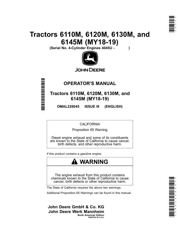 John Deere 6110M, 6120M, 6130M, 6145M Tractors 4045U 4-Cylinder Engines Operator's Manual (OMAL226045)