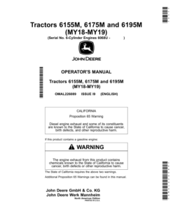 John Deere 6155M, 6175M, 6195M Tractors (6-Cylinder Engines 6068U) Operator's Manual (OMAL226089)