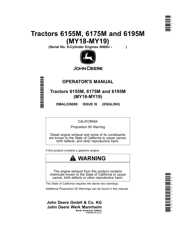 John Deere 6155M, 6175M, 6195M Tractors (6-Cylinder Engines 6068U) Operator's Manual (OMAL226089)