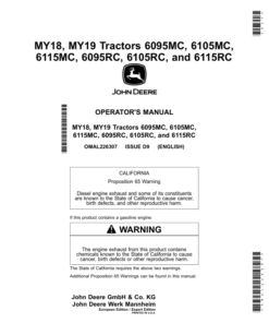 John Deere 6095MC, 6105MC, 6115MC, 6095RC, 6105RC, 6115RC Tractors (Export w/European Configuration) Operator's Manual (OMAL226307)