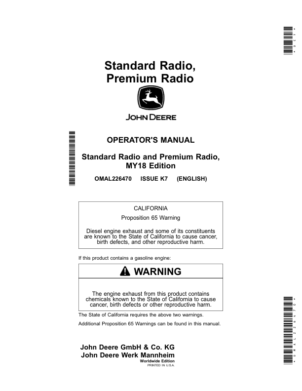 John Deere Standard Radio, Premium Radio Operator's Manual (OMAL226470)