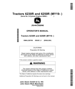 John Deere Tractors 6230R, 6250R (MY2019- ) 6-Cylinder Engines 6068U (North American) Operator's Manual (OMAL228760)