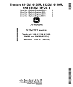 John Deere Tractors 6110M, 6125M, 6130M, 6140M, 6145M (MY20- ) Operator's Manual (OMAL229700)