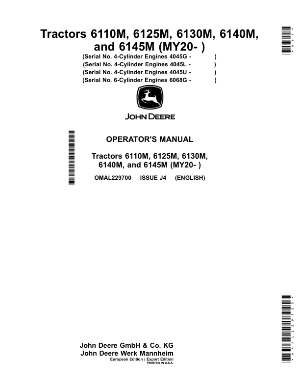 John Deere Tractors 6110M, 6125M, 6130M, 6140M, 6145M (MY20- ) Operator's Manual (OMAL229700)