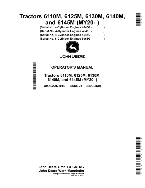 John Deere Tractors 6110M, 6125M, 6130M, 6140M, 6145M (MY20- ) Operator's Manual (OMAL229720TE)