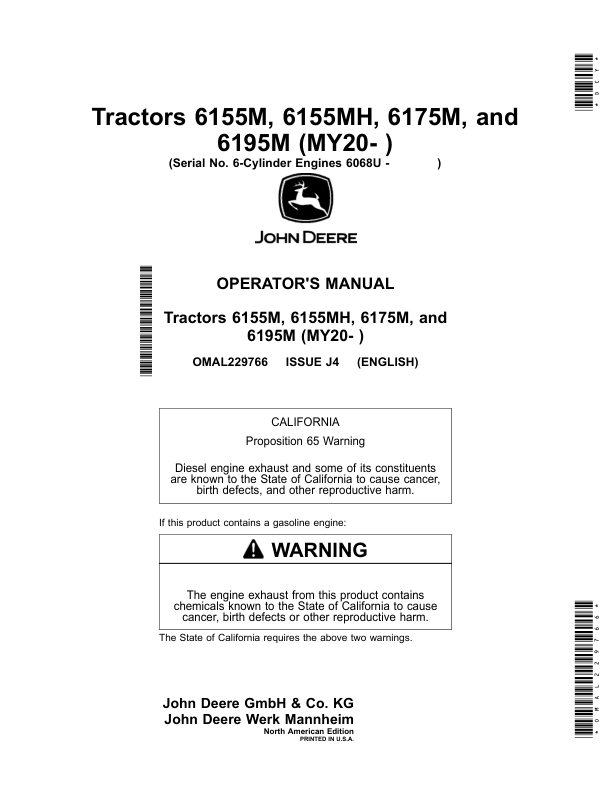 John Deere Tractors 6155M, 6155MH, 6175M, 6195M (MY20- ) Operator's Manual (OMAL229766)