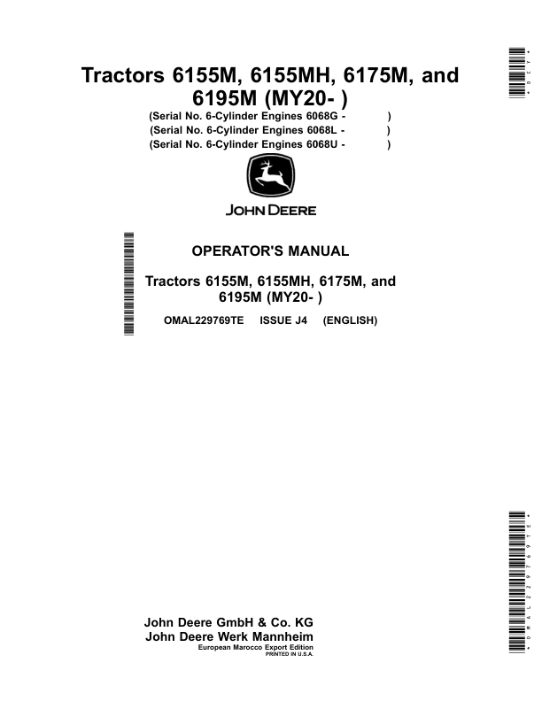 John Deere Tractors 6155M, 6155MH, 6175M, 6195M (MY20- ) Operator's Manual (OMAL229769TE)