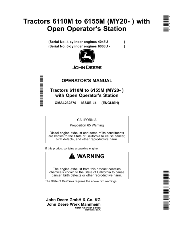 John Deere Tractors 6110M to 6155M (MY20-) with Open Operator's Station Operator's Manual (OMAL232870)