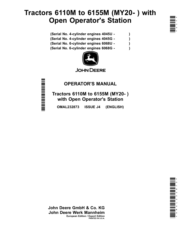 John Deere Tractors 6110M to 6155M (MY20-) with Open Operator's Station Operator's Manual (OMAL232873)