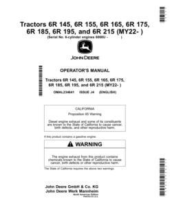 John Deere Tractors 6R 145, 6R 155, 6R 165, 6R 175, 6R 195, 6R 215 (MY22- ) Operator's Manual (OMAL234641)