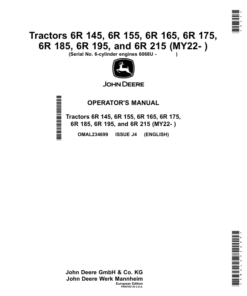 John Deere Tractors 6R 145, 6R 155, 6R 165, 6R 175, 6R 185, 6R 195, 6R 215 (MY22- ) Operator's Manual (OMAL234699)