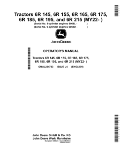 John Deere Tractors 6R 145, 6R 155, 6R 165, 6R 175, 6R 185, 6R 195, 6R 215 (MY22- ) Operator's Manual (OMAL234733)