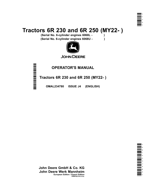 John Deere Tractors 6R 230, 6R 250 (MY22- ) Operator's Manual (OMAL234780)