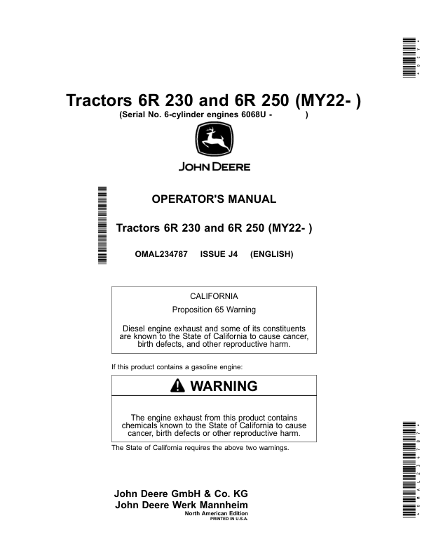 John Deere Tractors 6R 230, 6R 250 (MY22- ) Operator's Manual (OMAL234787)
