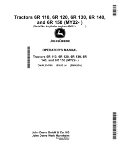 John Deere Tractors 6R 110, 6R 120, 6R 130, 6R 140, 6R 150 (MY22- ) Operator's Manual (OMAL234790)