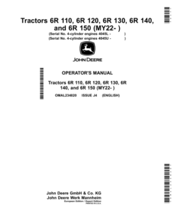 John Deere Tractors 6R 110, 6R 120, 6R 130, 6R 140, 6R 150 (MY22- ) Operator's Manual (OMAL234820)