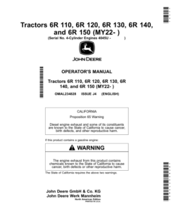 John Deere Tractors 6R 110, 6R 120, 6R 130, 6R 140 (MY22- ) Operator's Manual (OMAL234828)