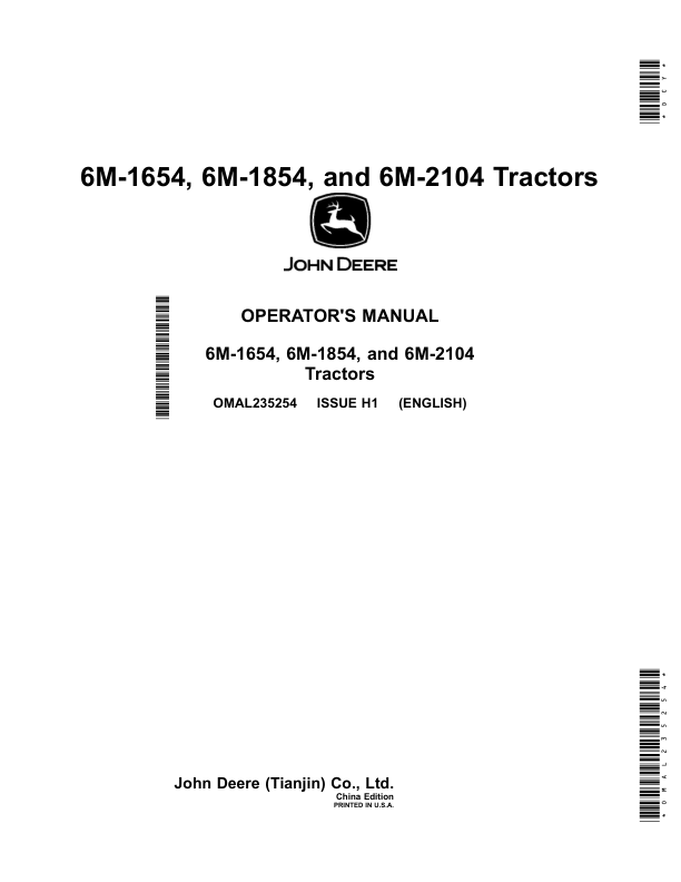 John Deere 6M-1654, 6M-1854, 6M-2104 Tractors (China Edition) Operator's Manual (OMAL235254)