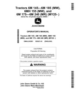 John Deere Tractors 6M 145—6M 185 (MW), 6MH 155 (MW), 6M 175—6M 240 (MR) (MY25- ) Operator's Manual (OMAL243891)